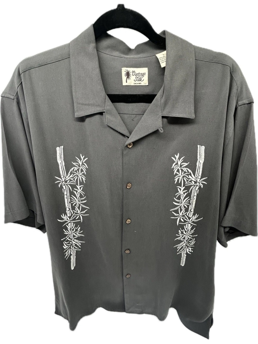 Vintage Gray Button-Down Shirt with White Bamboo Print